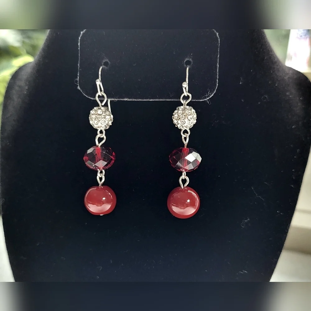 Cranberry Red Beaded Statement Dangle Earrings / Pierced